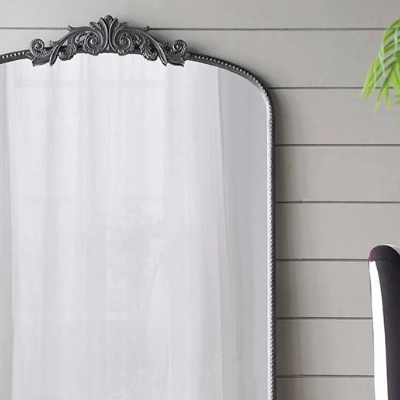 Black Arched Full Length Floor Mirror with Baroque Carved Frame