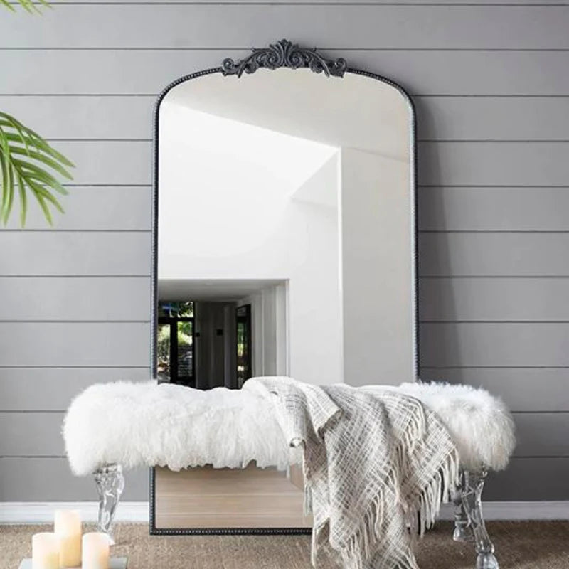 Black Arched Full Length Floor Mirror with Baroque Carved Frame