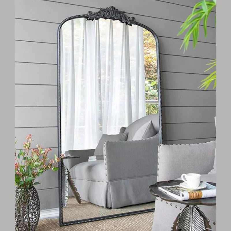 Black Arched Full Length Floor Mirror with Baroque Carved Frame