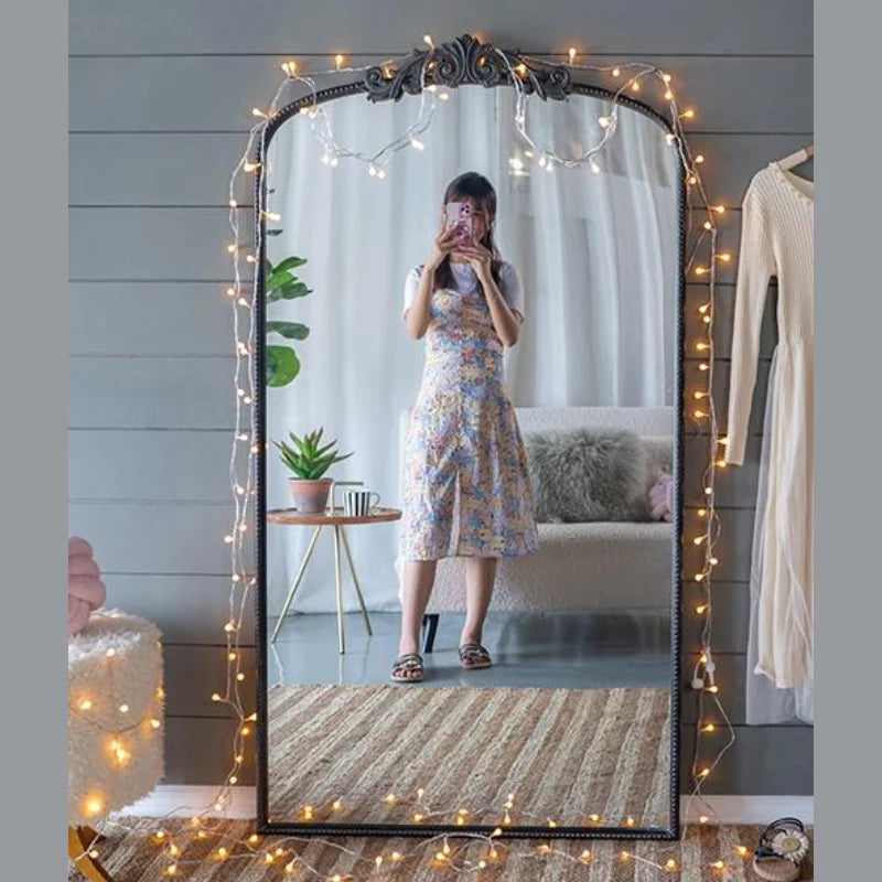 Black Arched Full Length Floor Mirror with Baroque Carved Frame