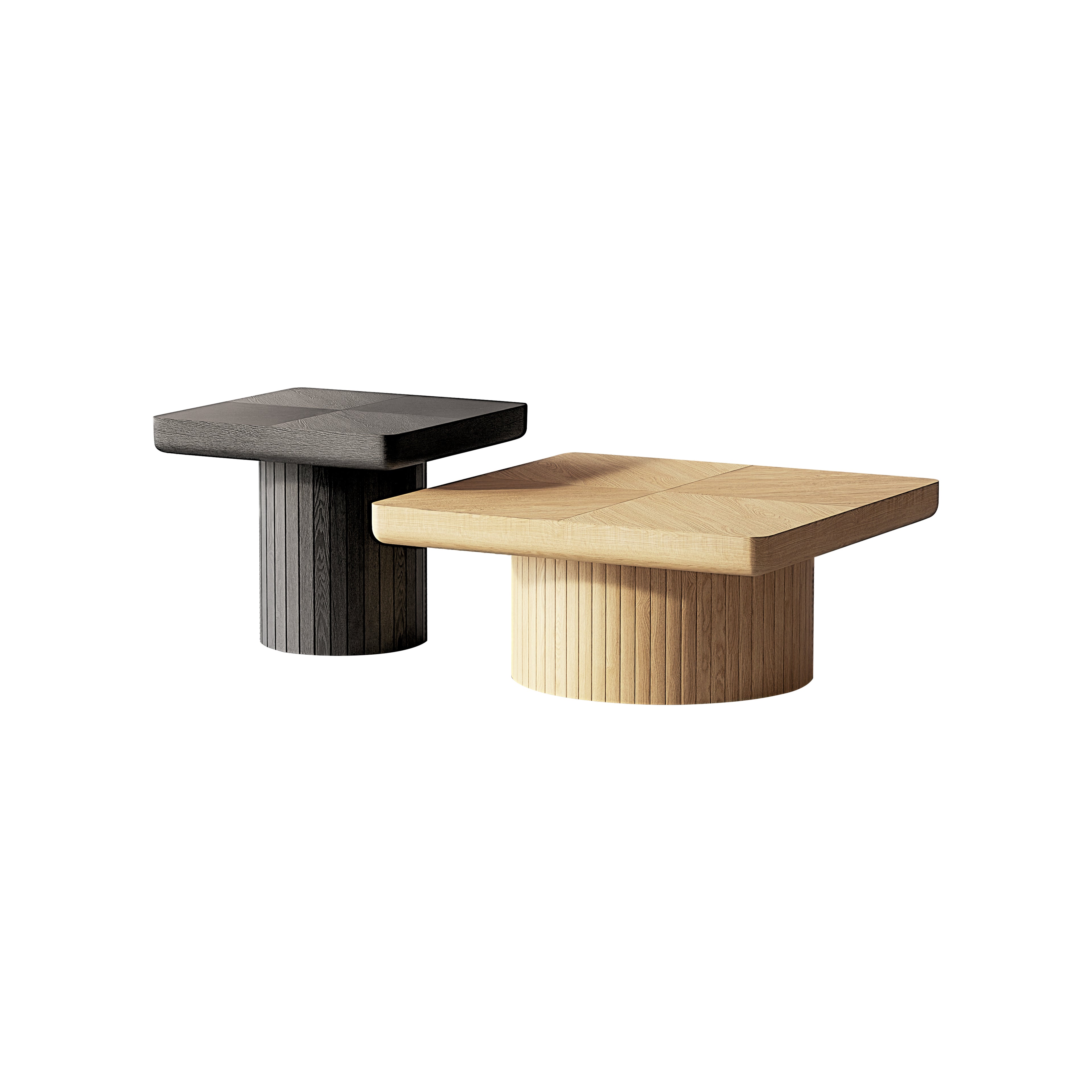 Nesting Coffee Table Set with Fluted Pedestal, Natural Wood & Black - Elirian