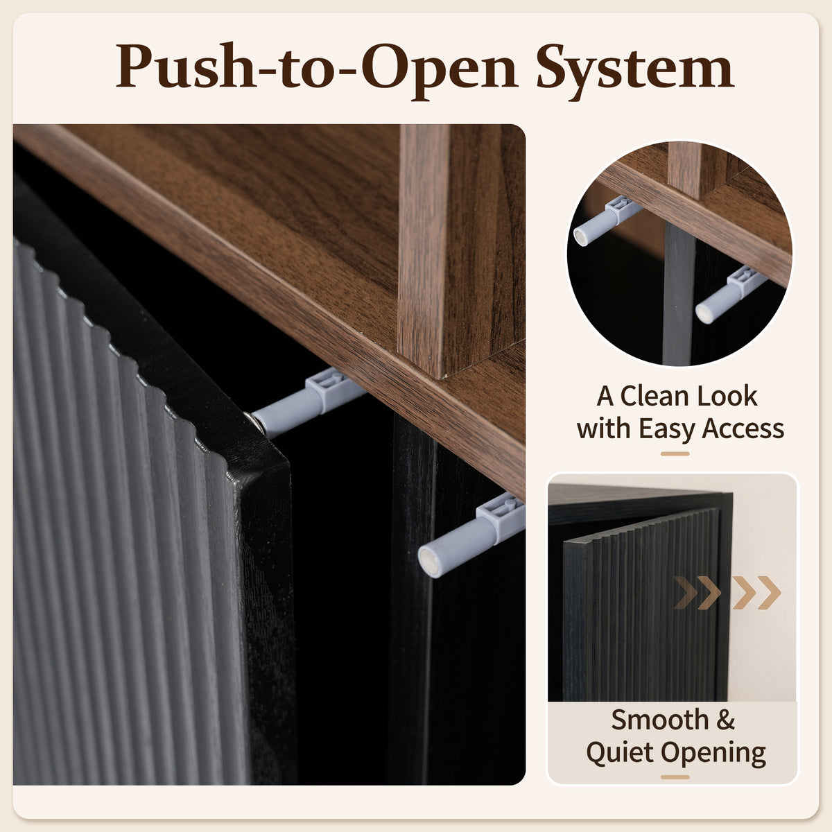Black Fluted 3-Door Storage Cabinet with Open Display Shelves - Elirian