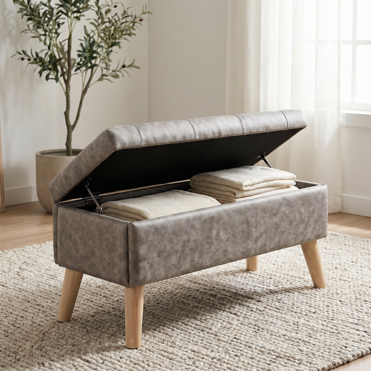 Velvet Storage Ottoman Bench with Built-in Tray, Grey - Elirian