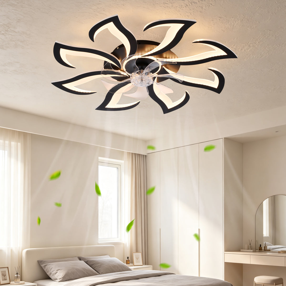 Black flower flush mount ceiling fan with dimmable LED light and remote control - Elirian