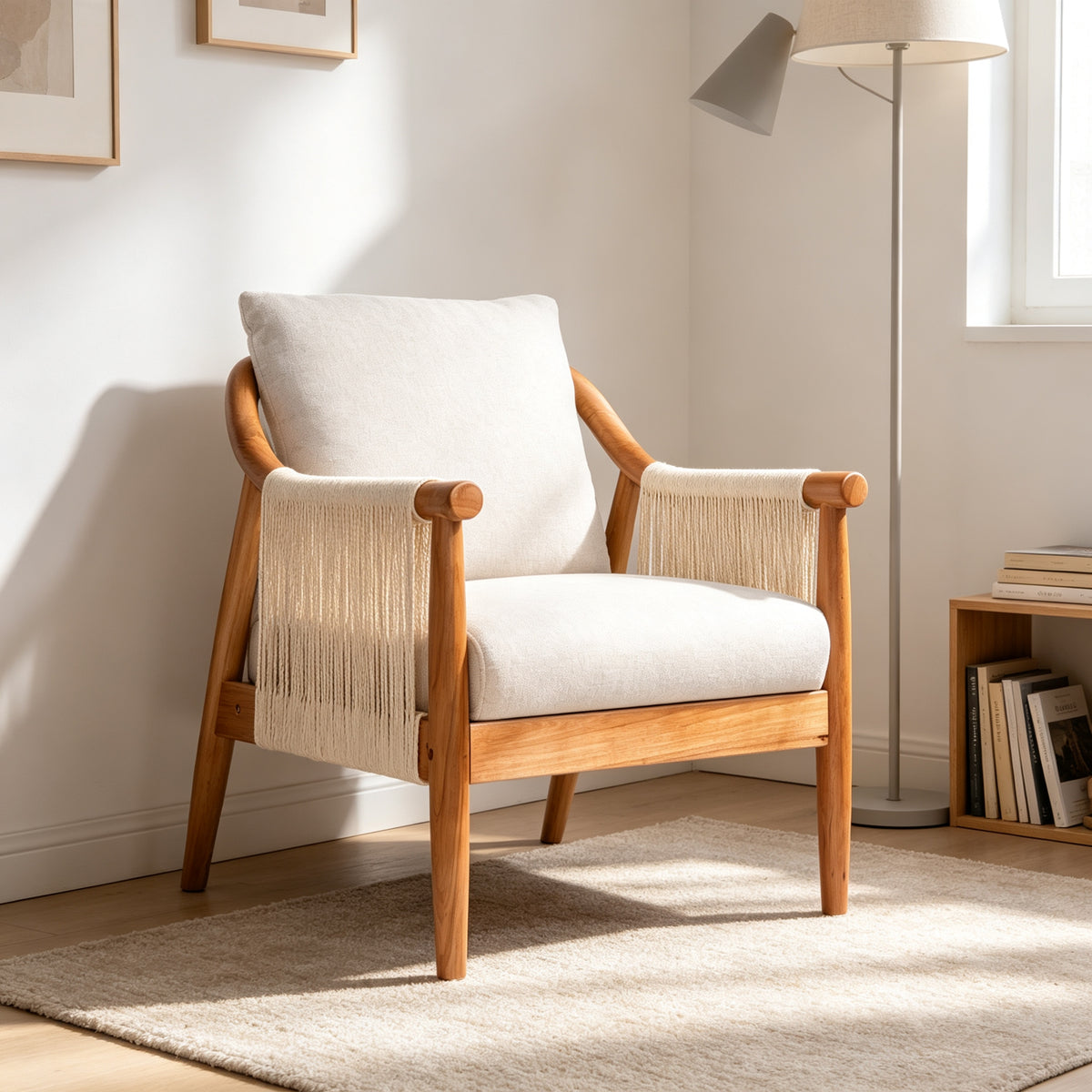 Mid-Century Accent Chair with Hand-Woven Paper Rope Arms and Linen-Blend Cushion - Elirian