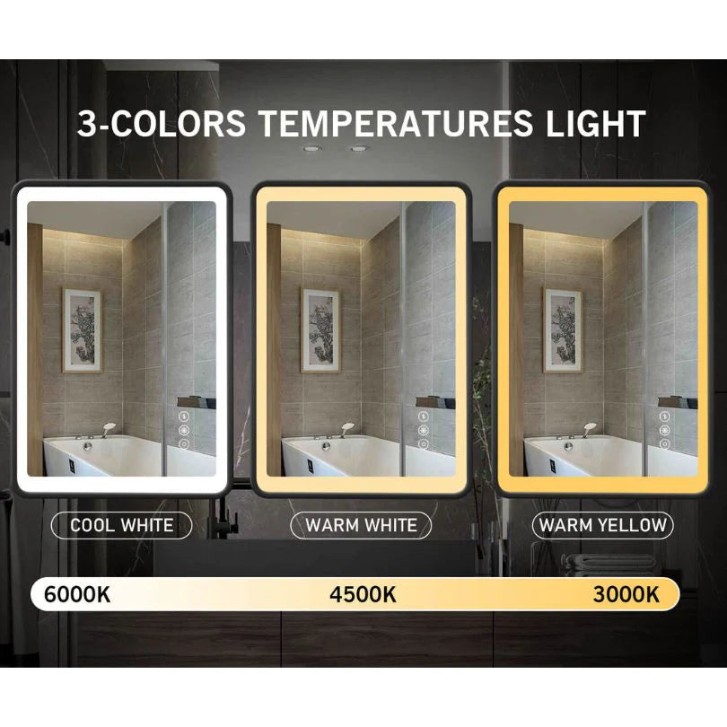 Black Framed LED Bathroom Mirror with Touch Sensor, Anti-Fog & Dimmable Lighting