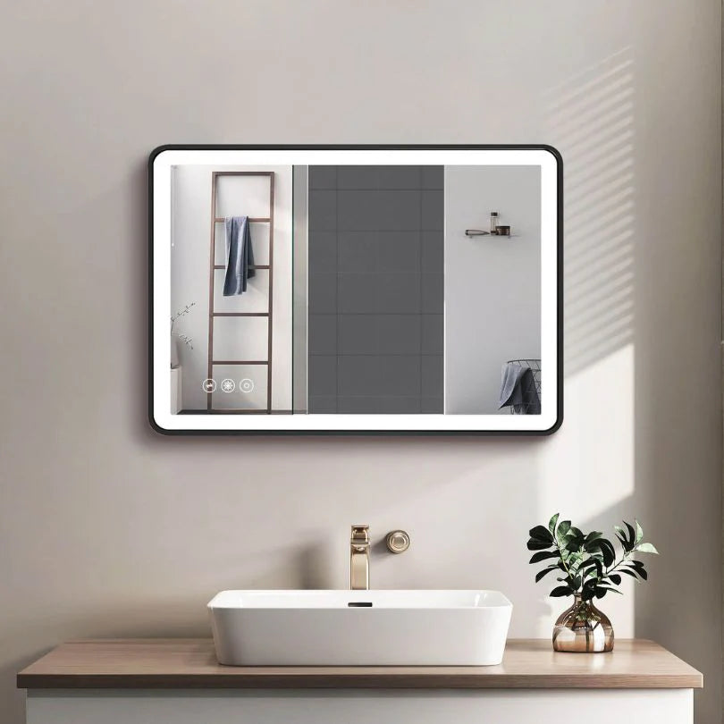 Black Framed LED Bathroom Mirror with Touch Sensor, Anti-Fog & Dimmable Lighting