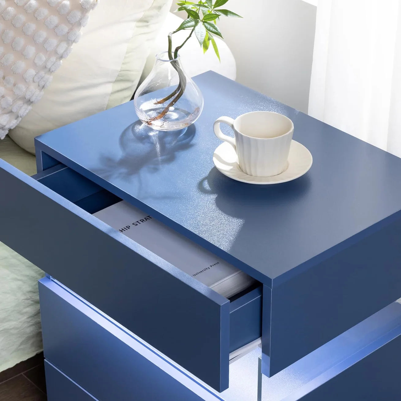 Blue Acrylic LED Nightstand with 3 Drawers and Open Shelf