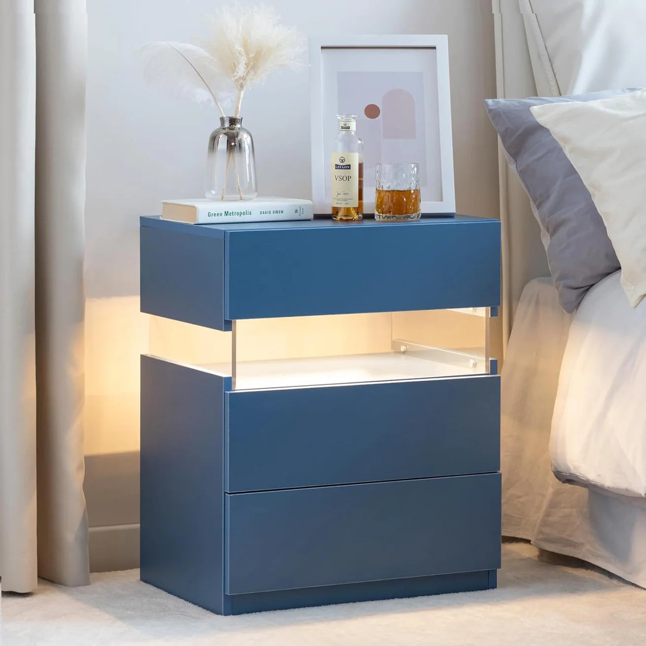 Blue Acrylic LED Nightstand with 3 Drawers and Open Shelf