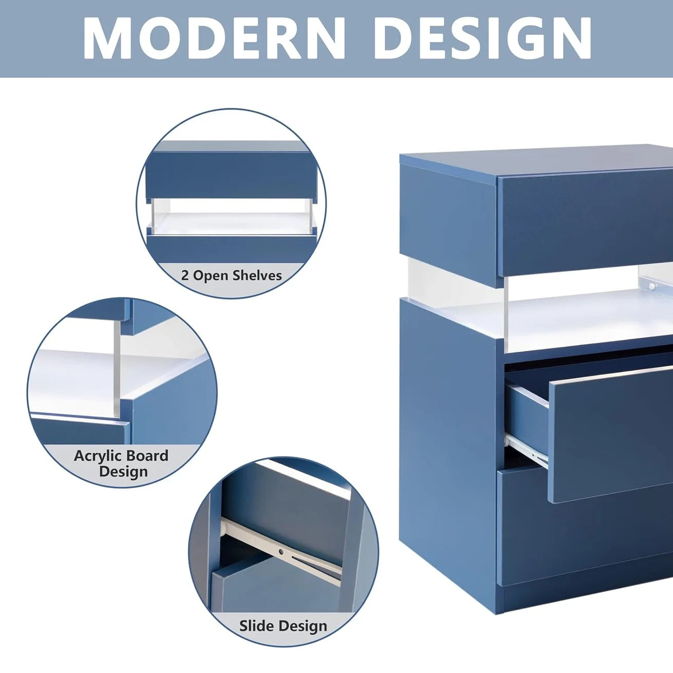 Blue Acrylic LED Nightstand with 3 Drawers and Open Shelf