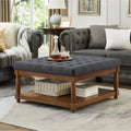 Tufted Linen Ottoman Coffee Table with Wood Shelf, Charcoal - Elirian