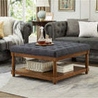 Tufted Linen Ottoman Coffee Table with Wood Shelf, Charcoal - Elirian