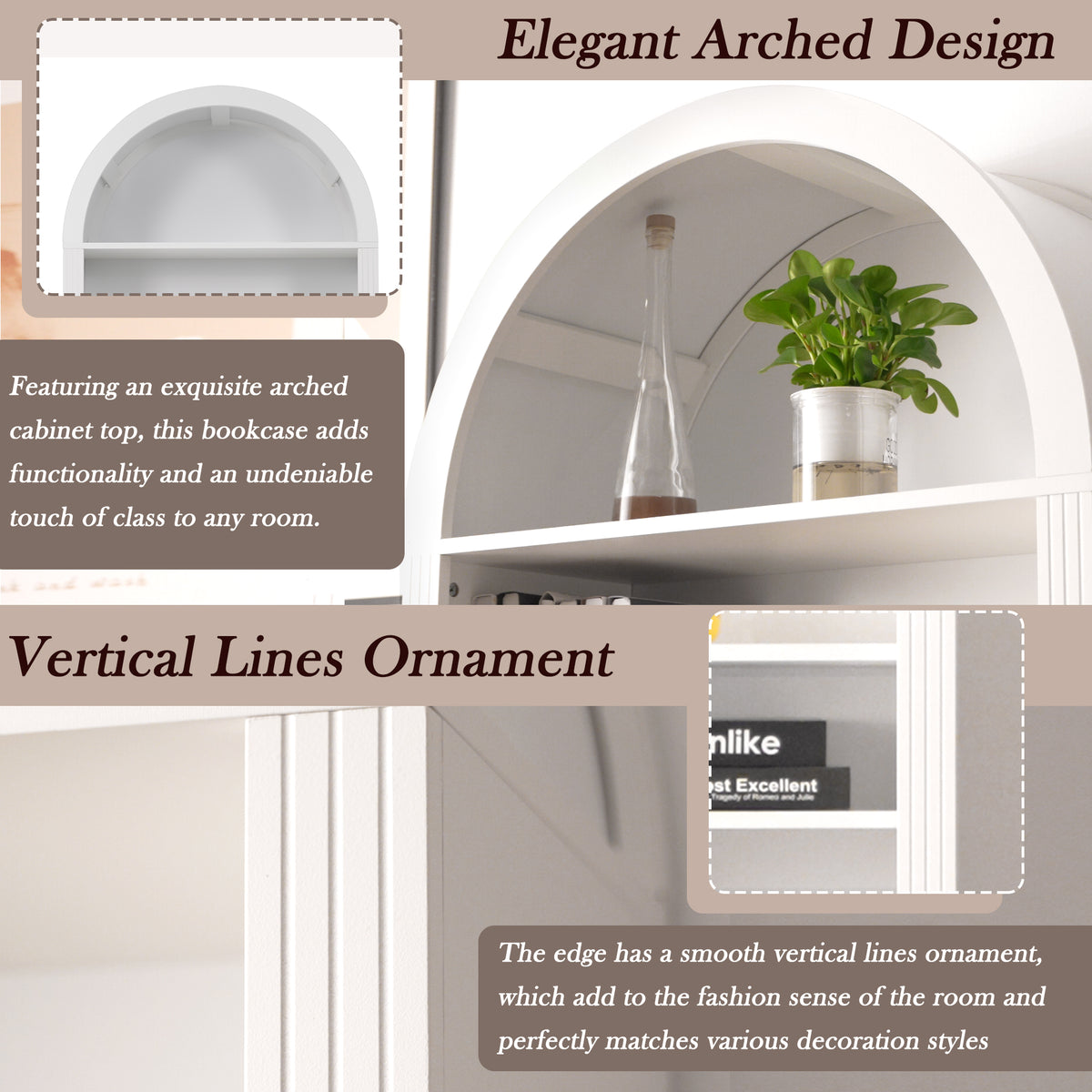 Arched White Bookshelf with Storage Cabinet and Adjustable Shelves - Elirian