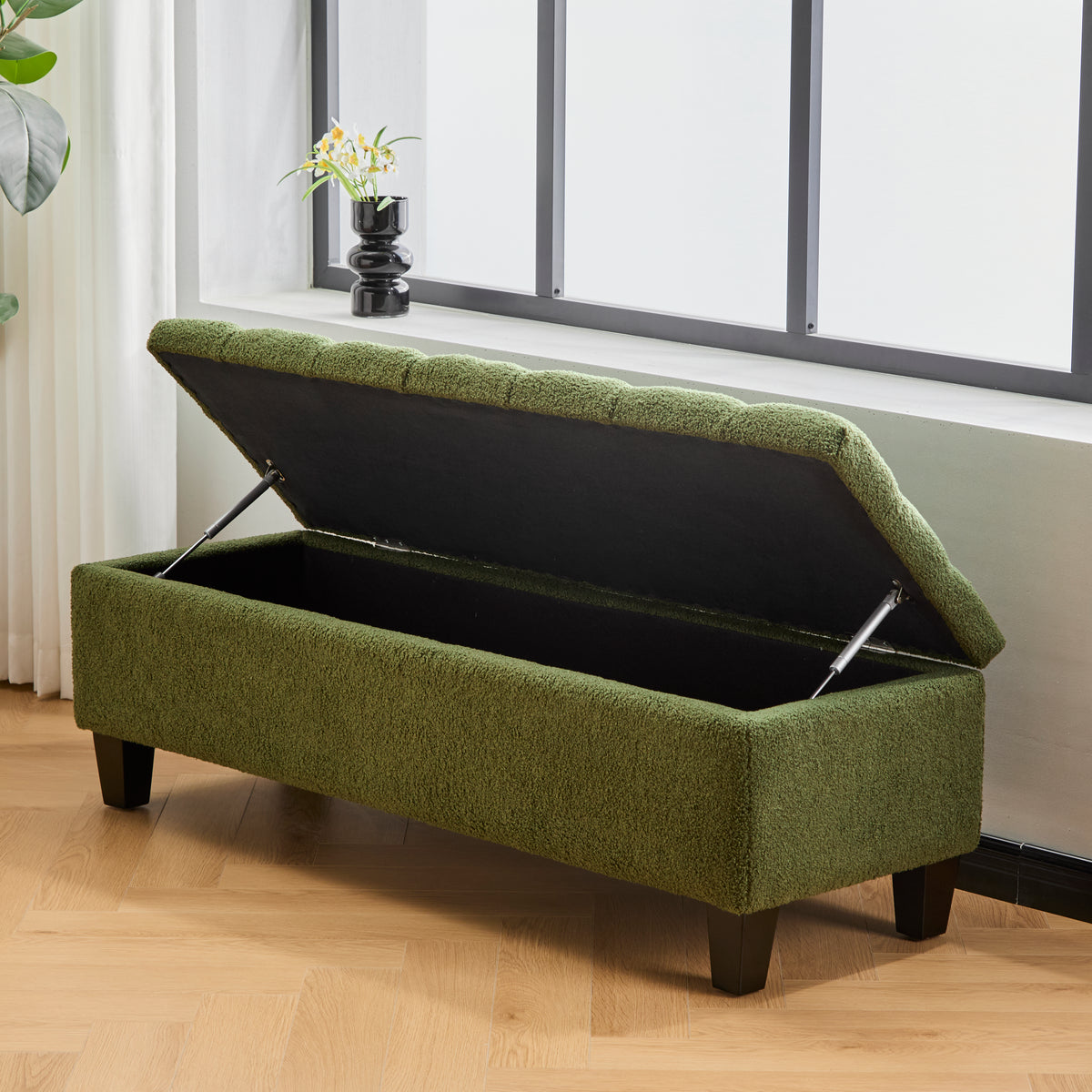 Green Bouclé Storage Ottoman Bench with Rubber Wood Legs - Elirian