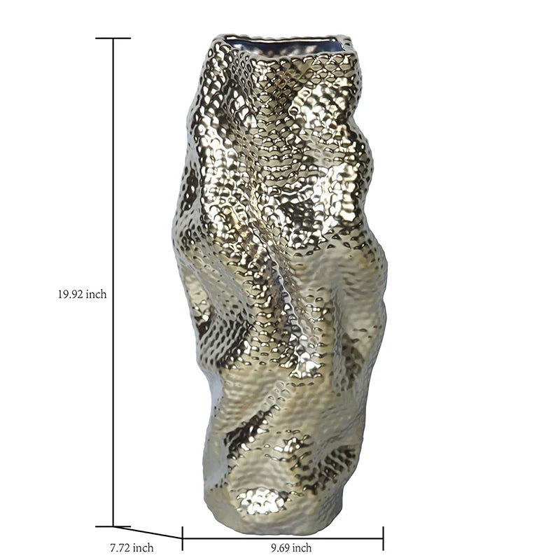 20" Sculptural Gold Ceramic Vase with Geometric Pattern
