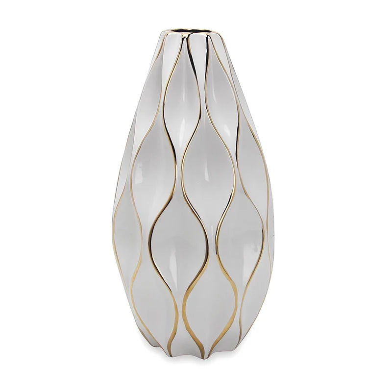 17.7" Novelty Shape White Ceramic Vase with Gold Accents