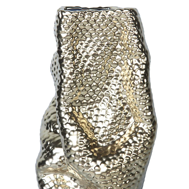 20" Sculptural Gold Ceramic Vase with Geometric Pattern