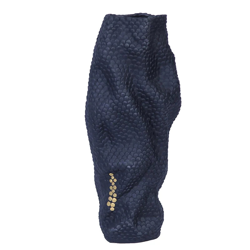 Navy Blue and Gold Geometric Ceramic Vase | 20" Abstract Sculptural Accent Piece