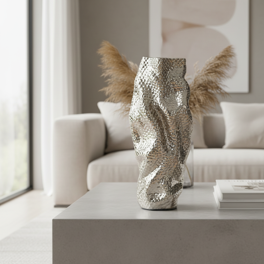 20" Sculptural Gold Ceramic Vase with Geometric Pattern