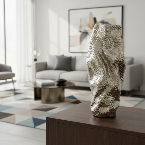 Sculptural gold ceramic vase with geometric pattern displayed on dark wood table in modern living room - Elirian