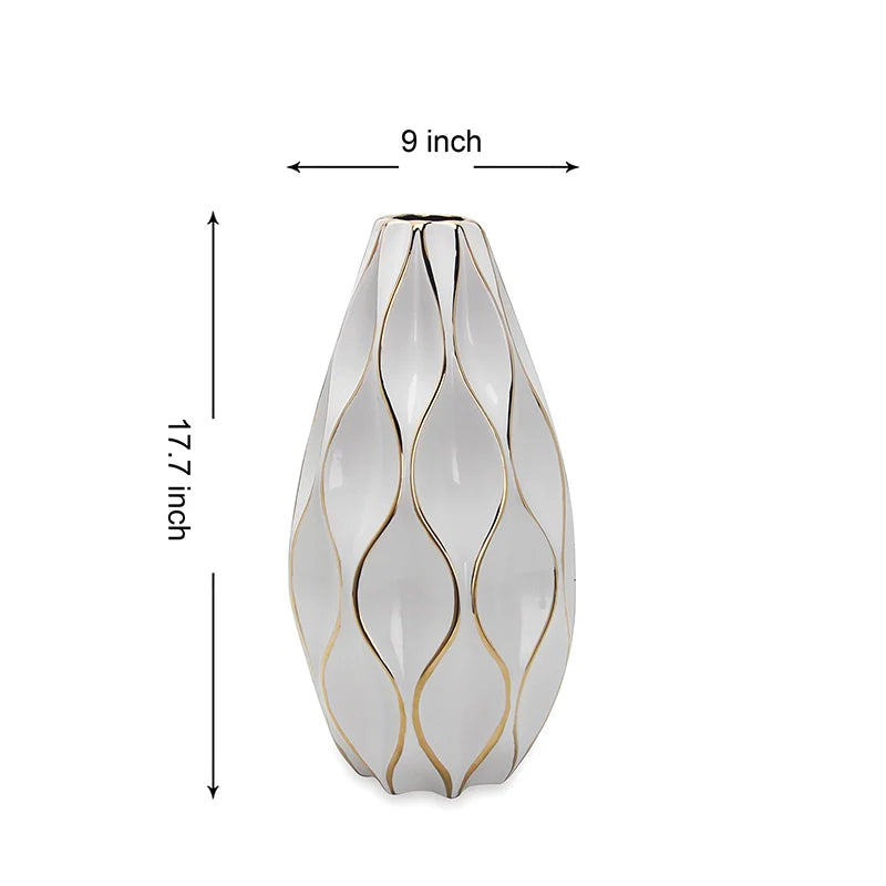 17.7" Novelty Shape White Ceramic Vase with Gold Accents
