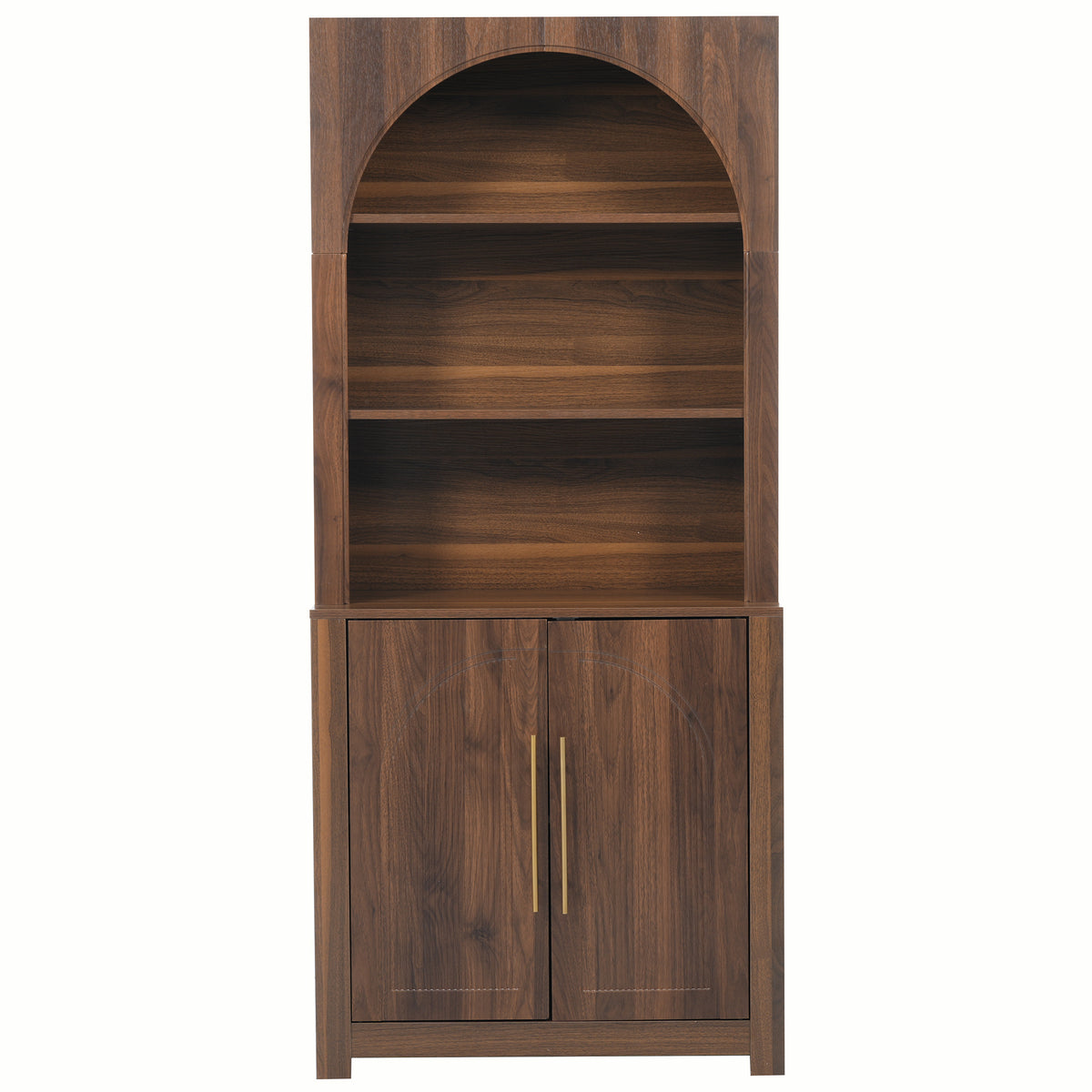 Walnut Arched Bookcase with Storage Cabinet and Open Display Shelves - Elirian