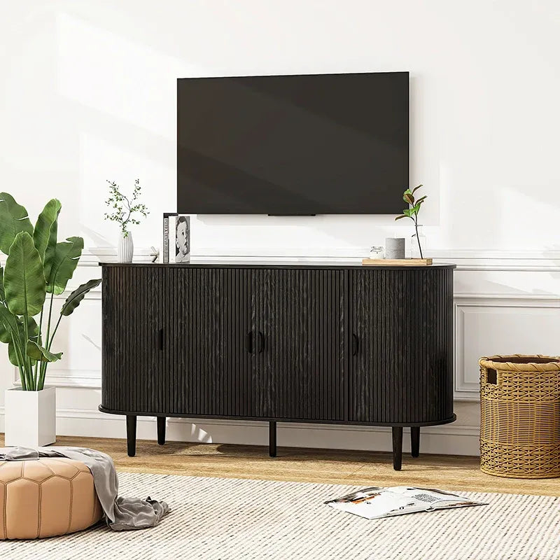 Black Curved TV Console with 4 Doors &amp; Adjustable Shelves