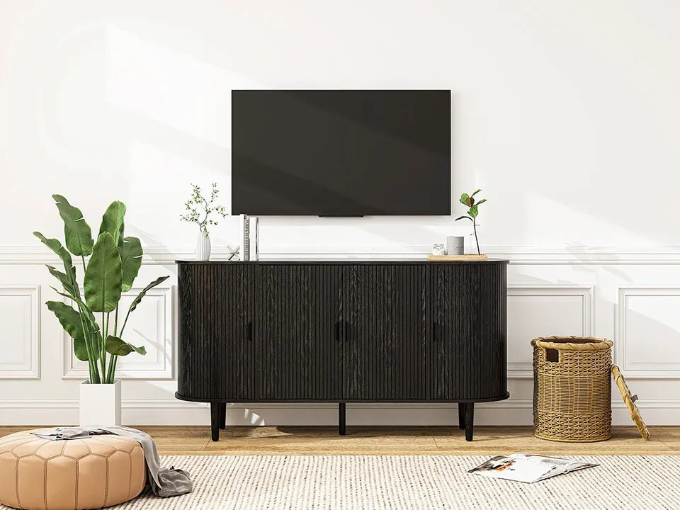 Meuble TV incurvé noir avec 4 portes et étagères réglables