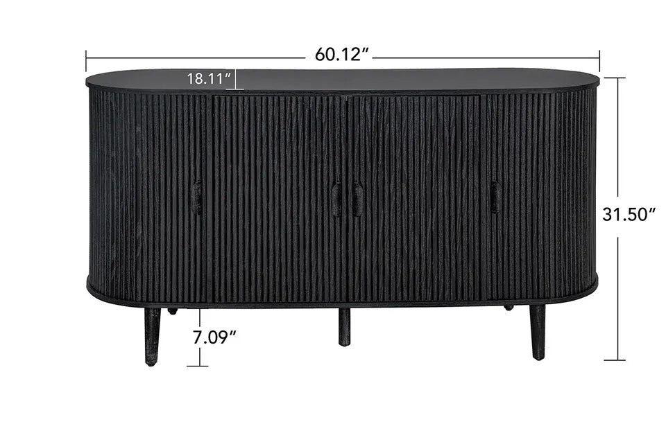 Meuble TV incurvé noir avec 4 portes et étagères réglables