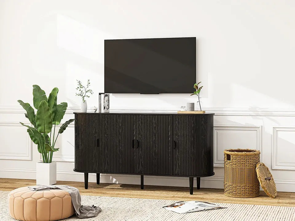 Meuble TV incurvé noir avec 4 portes et étagères réglables