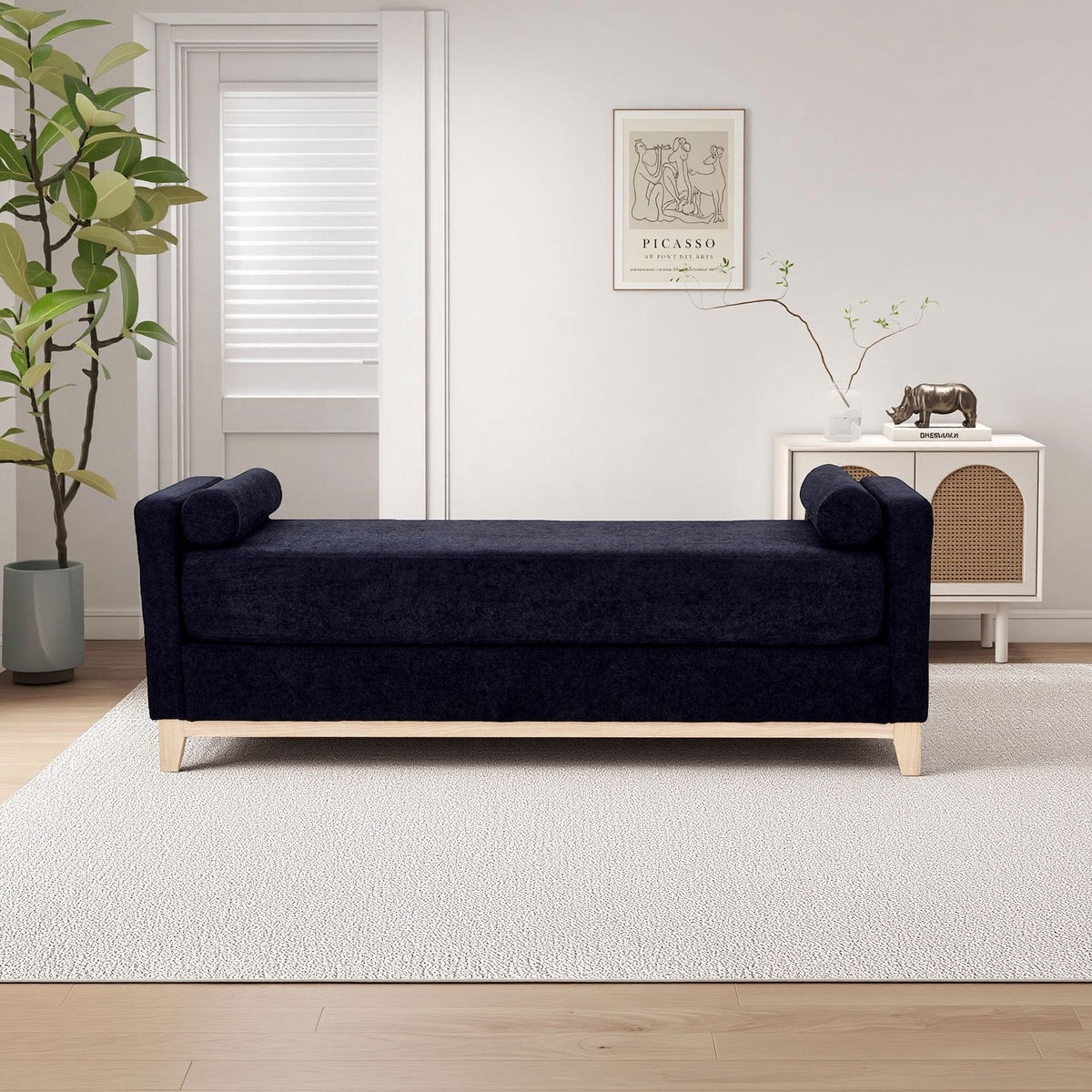 Sherpa Fleece Upholstered Bench with Bolster Pillows, Black - Elirian