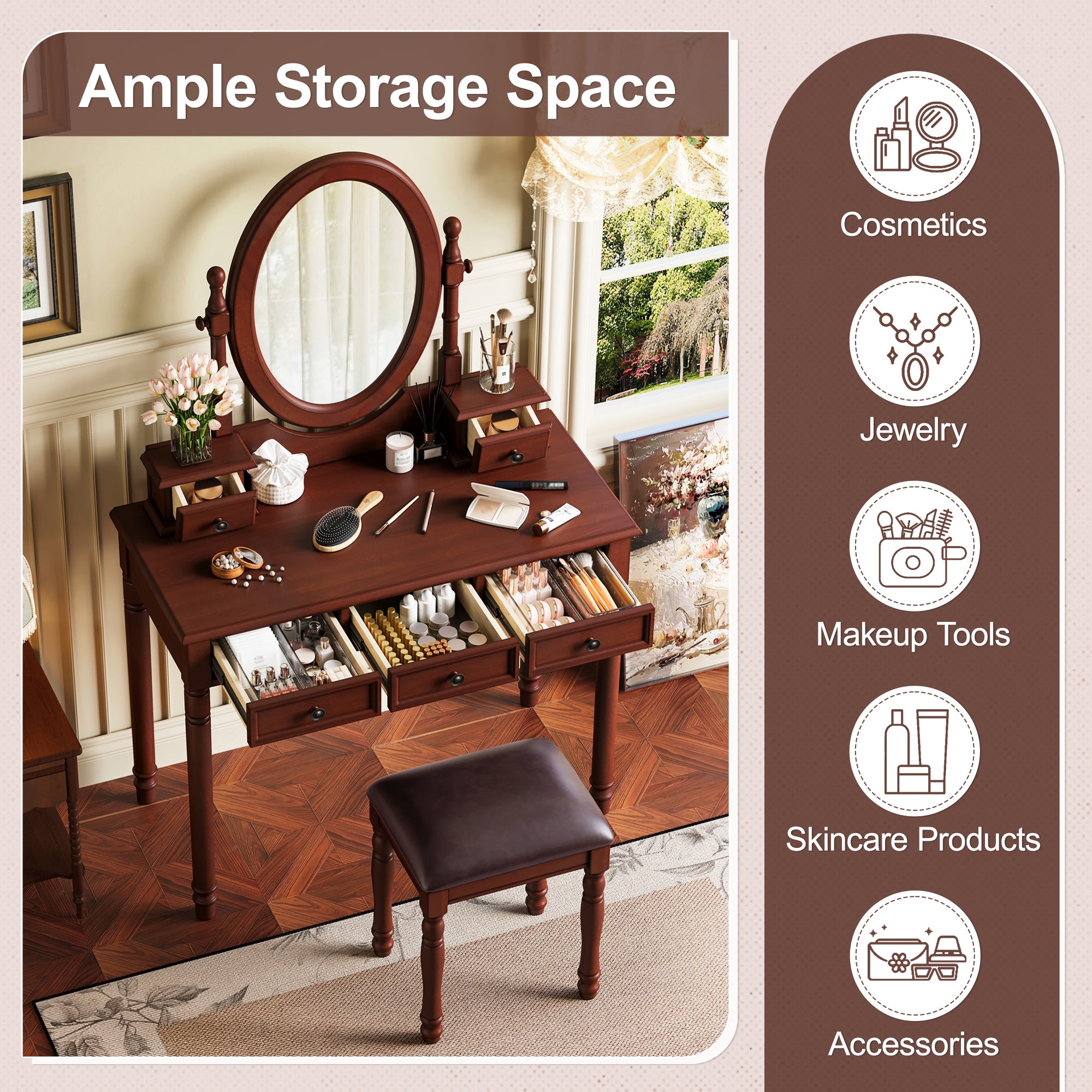 Vintage Walnut Vanity Desk Set with Adjustable Mirror & Velvet-Lined Drawers - Elirian