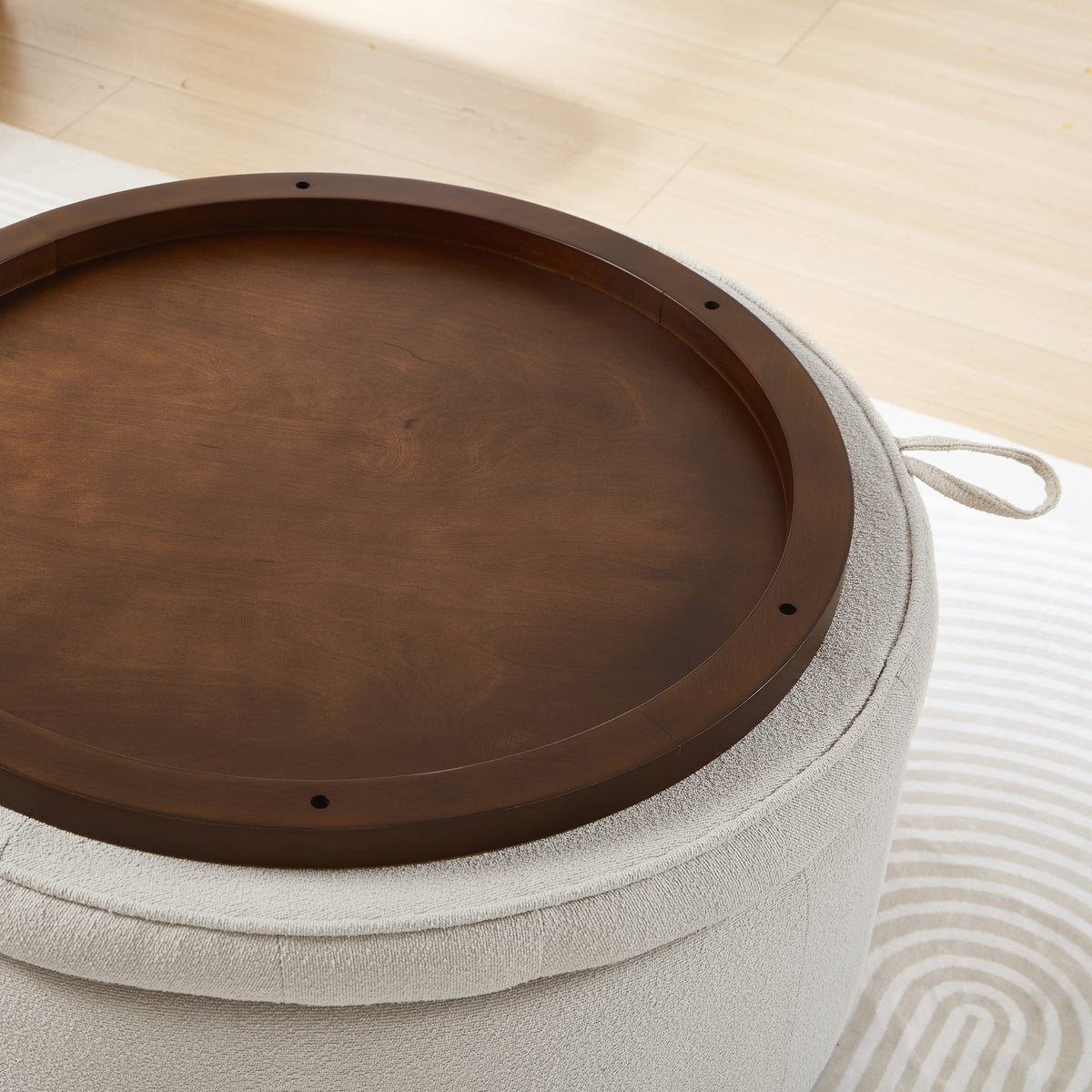 Round Bouclé Storage Ottoman with Reversible Tray Lid, Beige - Elirian