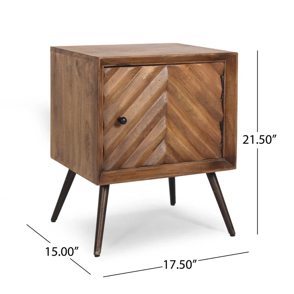 Dark Brown Mango Wood Nightstand with Cabinet Door and Iron Legs