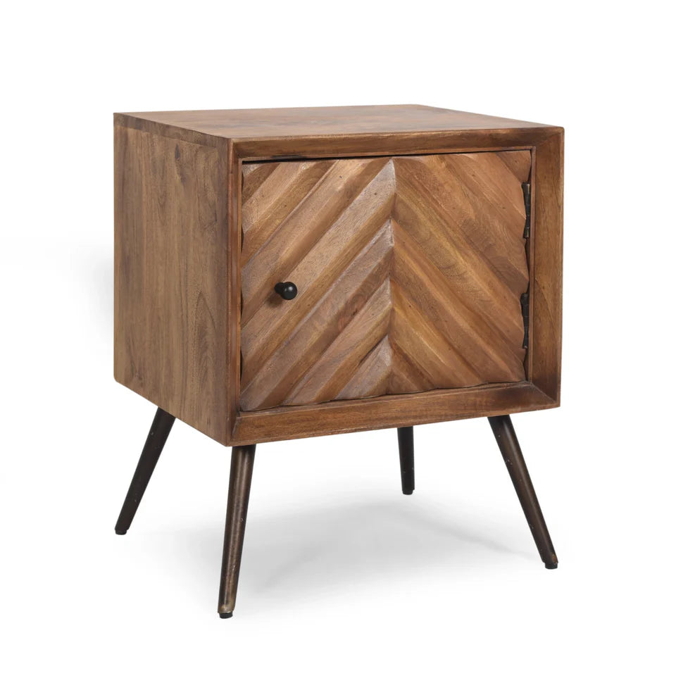 Dark Brown Mango Wood Nightstand with Cabinet Door and Iron Legs