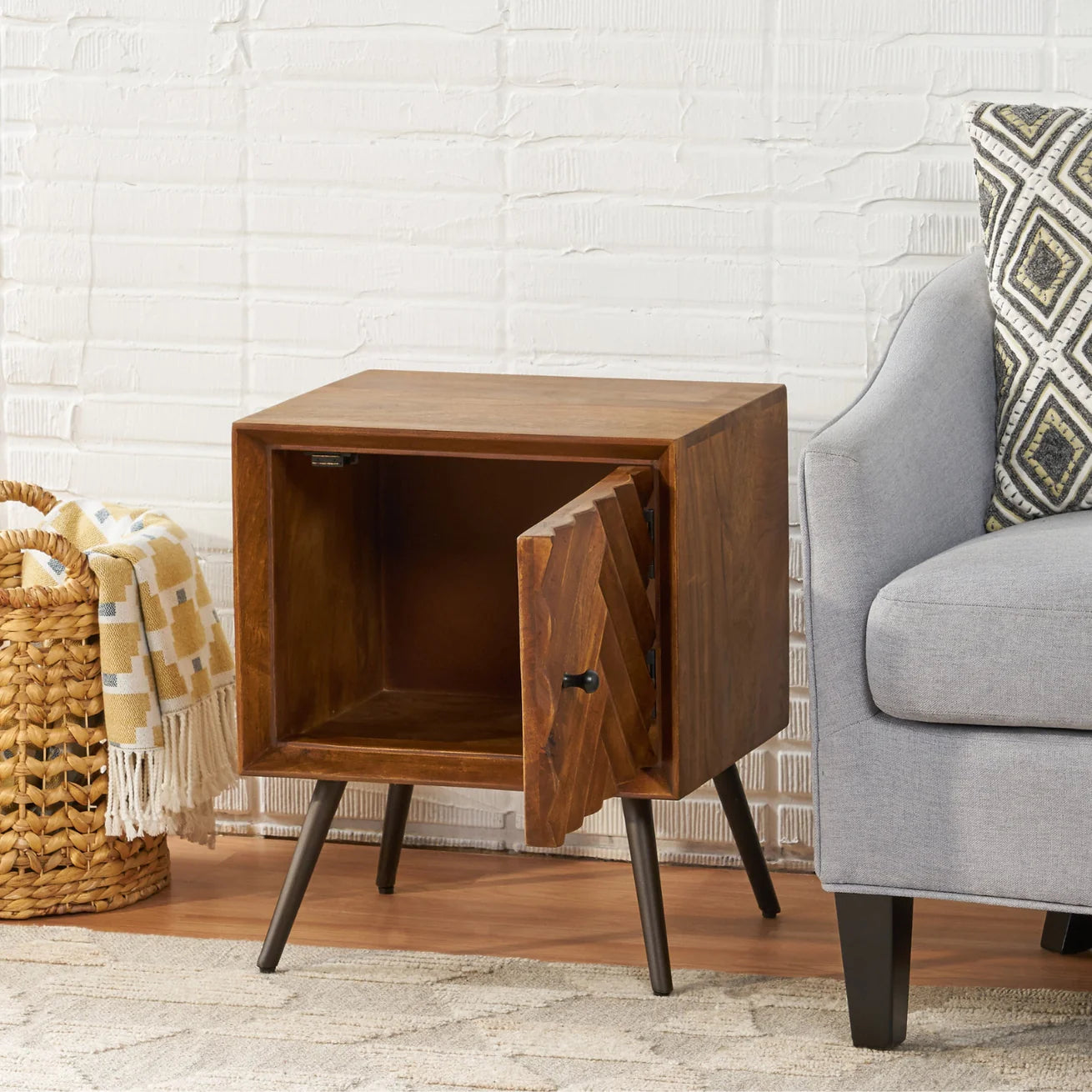 Dark Brown Mango Wood Nightstand with Cabinet Door and Iron Legs