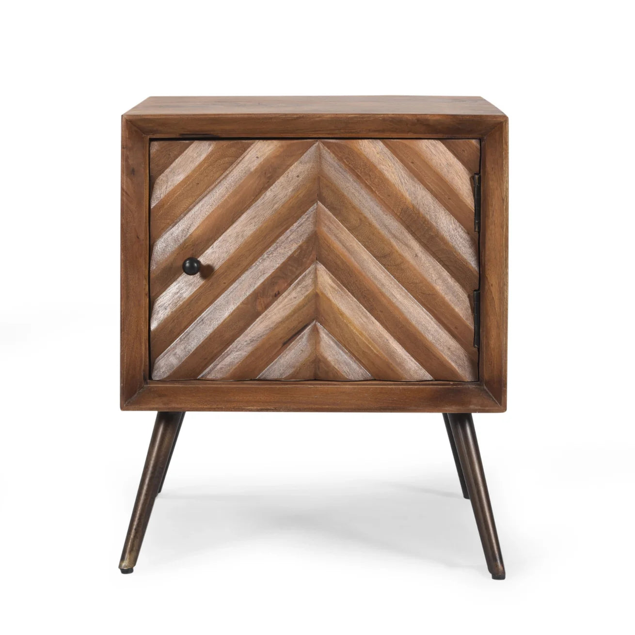 Dark Brown Mango Wood Nightstand with Cabinet Door and Iron Legs