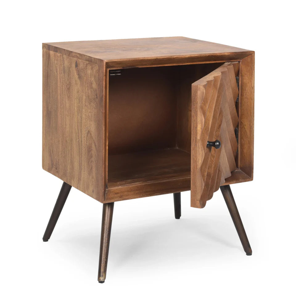 Dark Brown Mango Wood Nightstand with Cabinet Door and Iron Legs