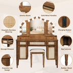 Hollywood Vanity Desk & Stool Set with Tri-Fold Mirror, Espresso - Elirian