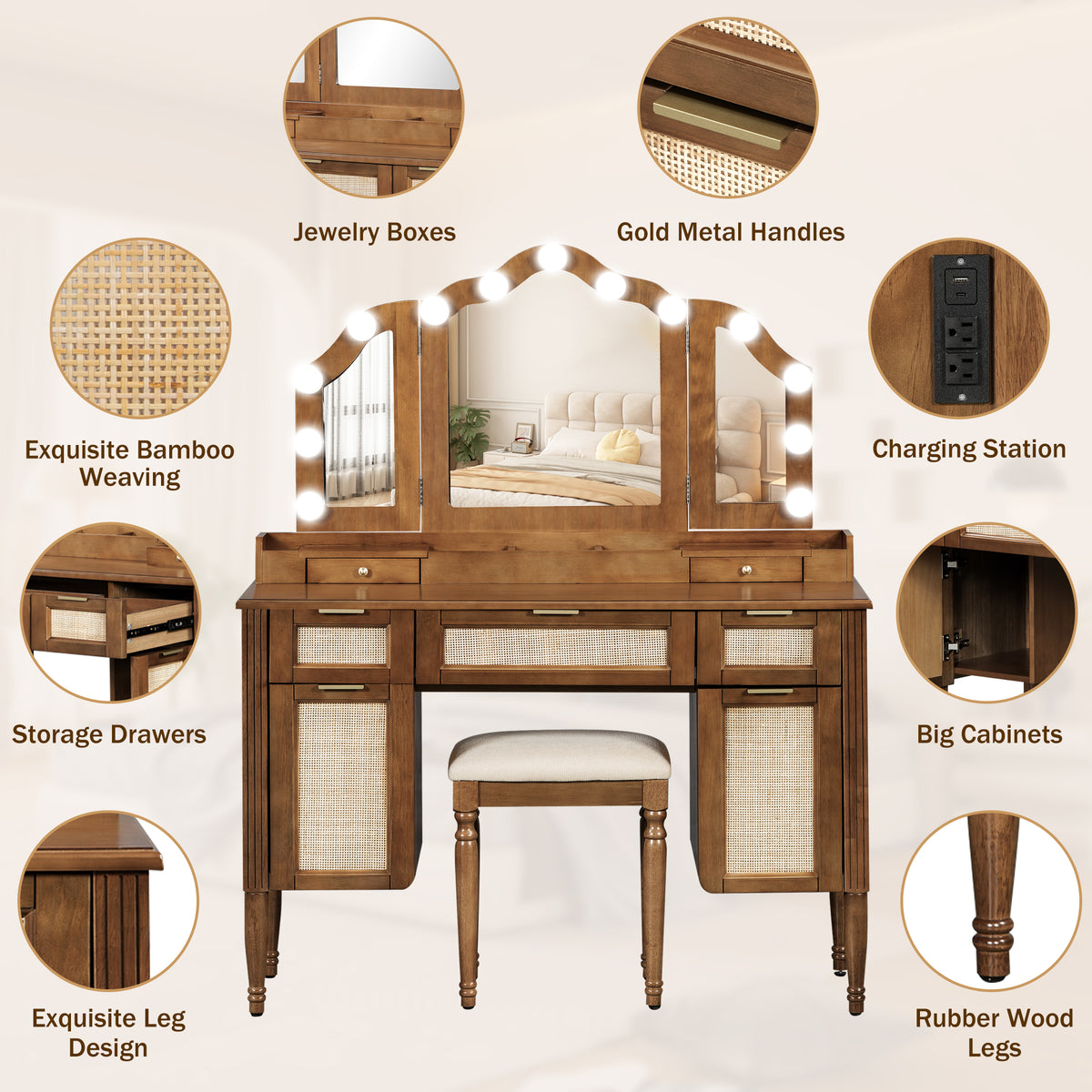 Hollywood Vanity Desk & Stool Set with Tri-Fold Mirror, Espresso - Elirian
