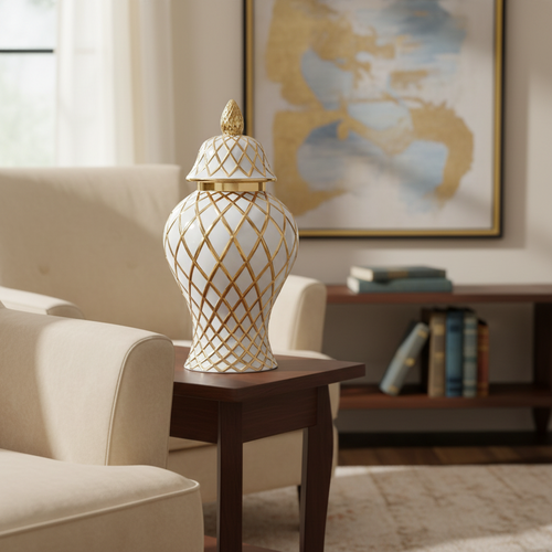 White and gold decorative ginger jar ceramic vase with lattice pattern - Elirian