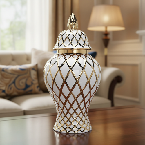 White ceramic ginger jar with gold lattice pattern and finial lid - Elirian