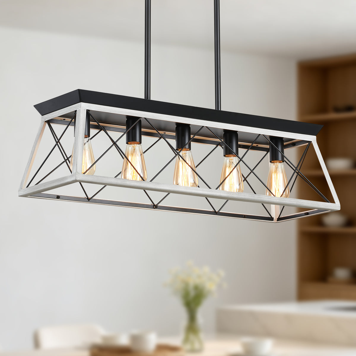 5-Light White Farmhouse Linear Chandelier - Modern Dining Room and Kitchen Island Lighting - Elirian