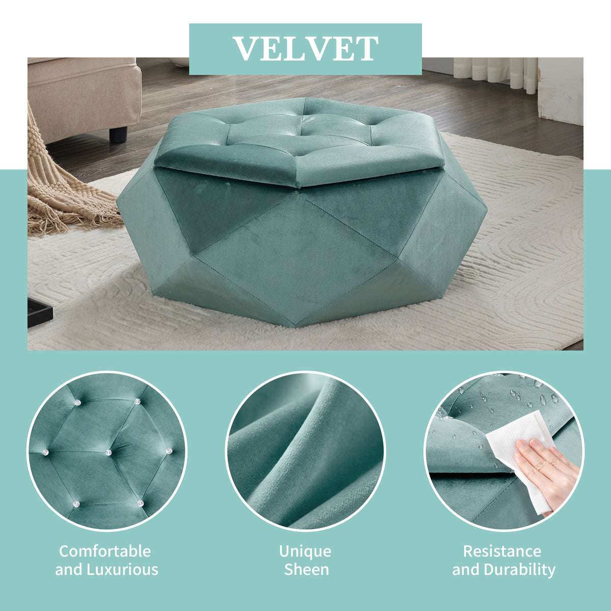Velvet Diamond Tufted Storage Ottoman in Green - Elirian