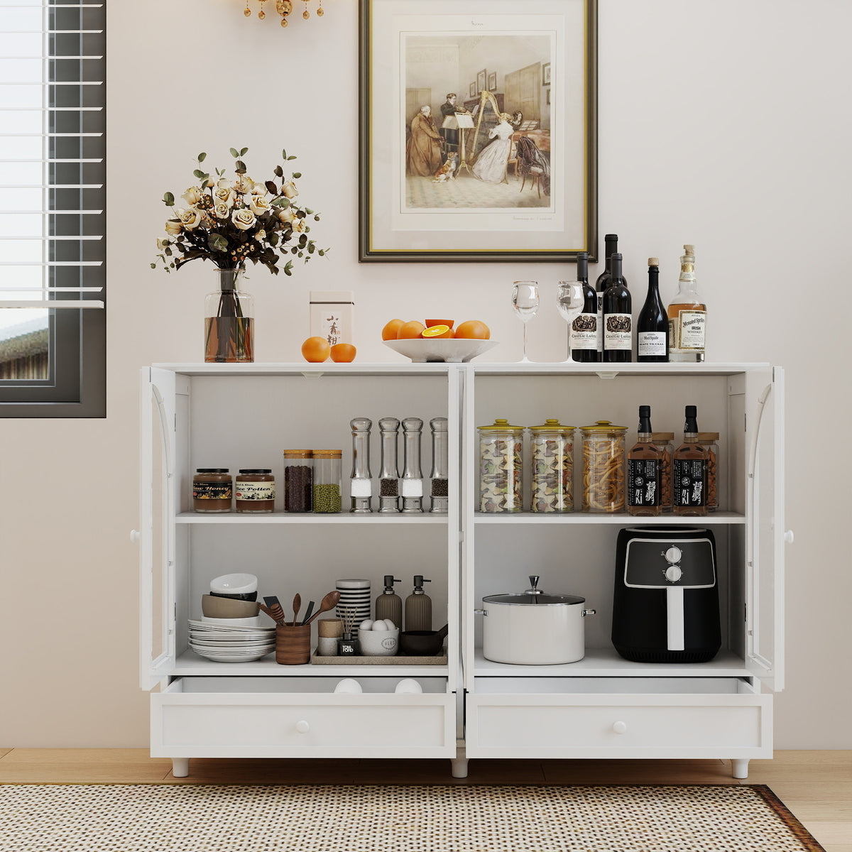 White Arched Glass Sideboard Buffet Cabinet with 2 Drawers and 4 Glass Doors - Elirian