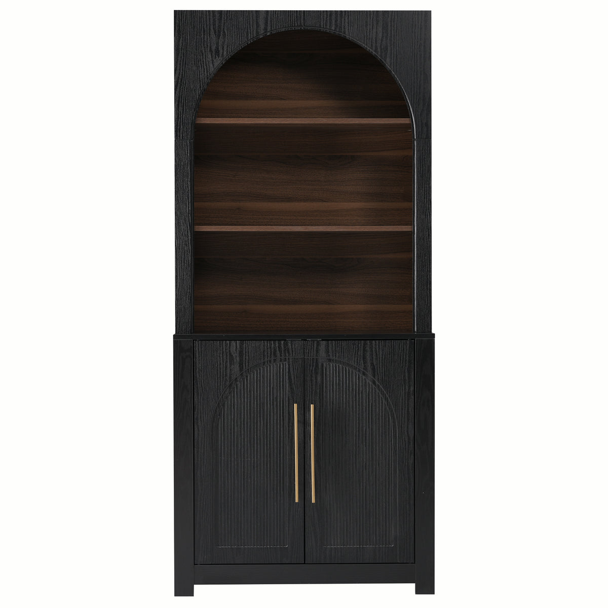 Black Arched Bookcase with Storage Cabinet and Open Display Shelves - Elirian