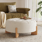 Round Tufted Chenille Ottoman with Solid Wood Legs, Beige - Elirian