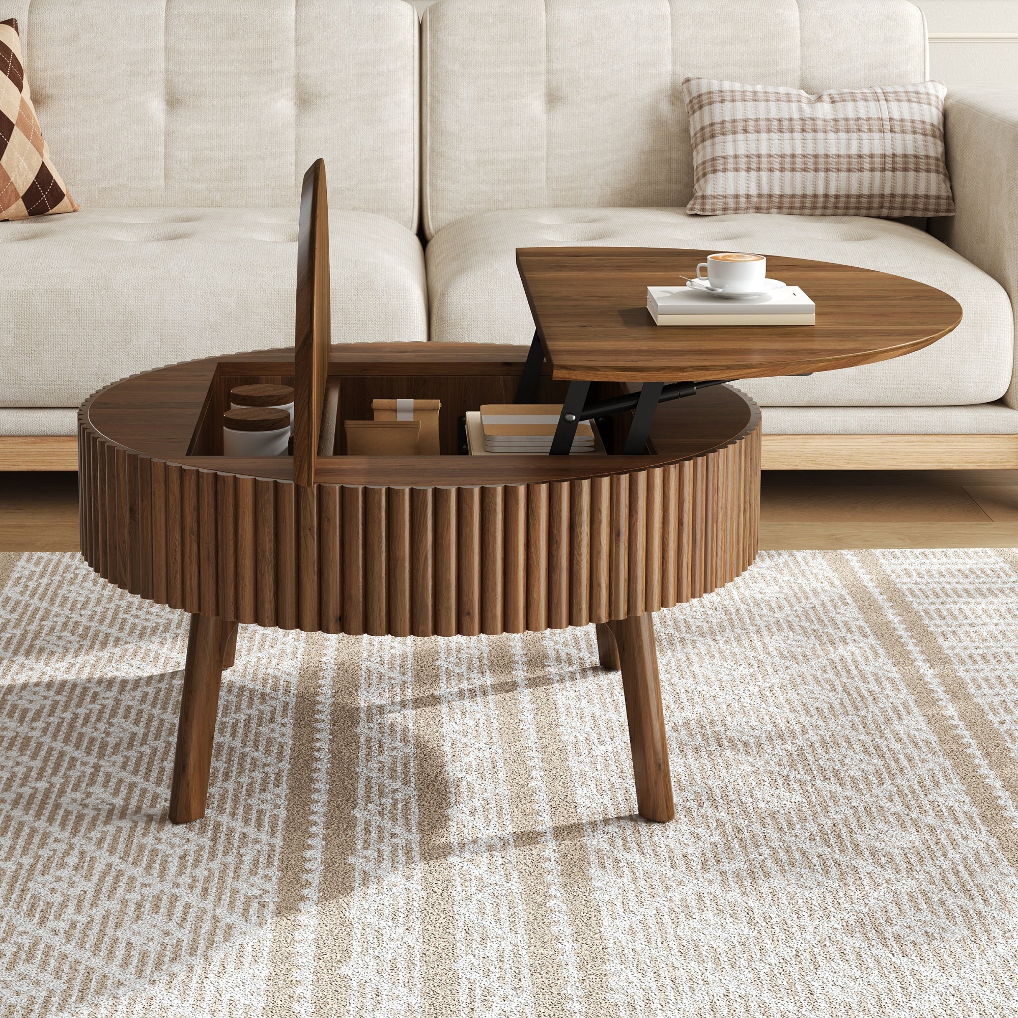 Walnut Round Lift-Top Coffee Table with Fluted Base - Elirian