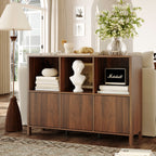 Walnut Fluted 3-Door Storage Cabinet with Open Display Shelves - Elirian