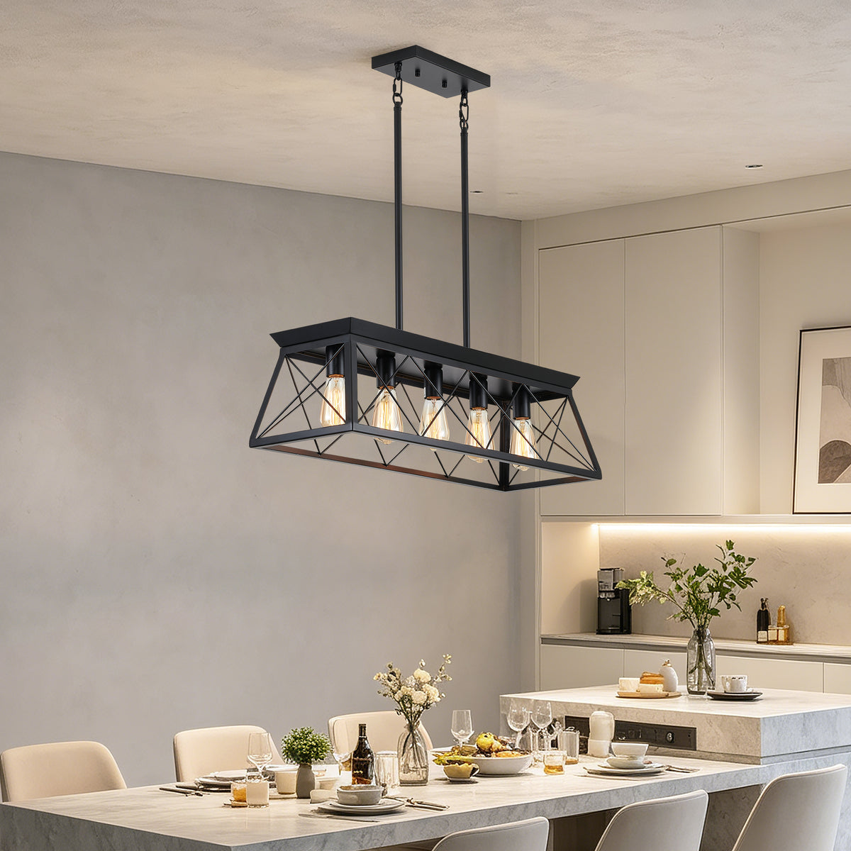 Black farmhouse chandelier with five Edison bulbs illuminating modern dining room - Elirian